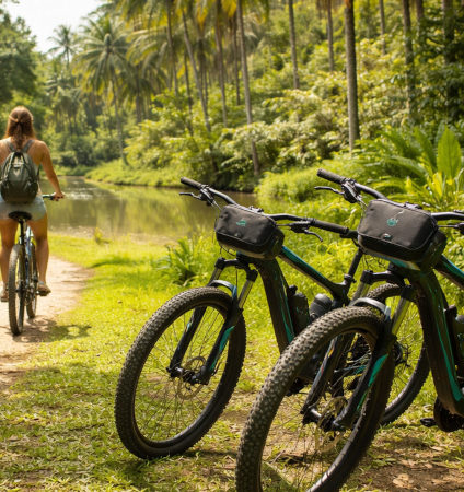 balade en vélo électrique au Royal Ranch Nature Évasion en Guyane dans la nature tropicale de Macouria