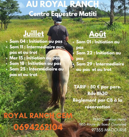 Balade à cheval et cours d'équitation au Royal Ranch Nature Évasion pendant les vacances d'été 2026 à Macouria en Guyane.