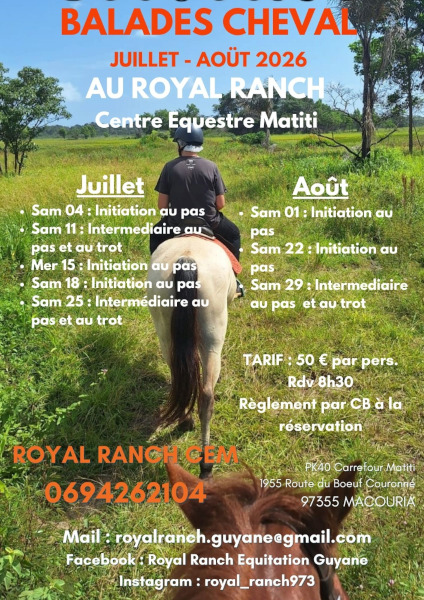 Balade à cheval et cours d'équitation au Royal Ranch Nature Évasion pendant les vacances d'été 2026 à Macouria en Guyane.