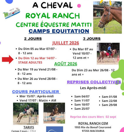 Camp d'équitation été 2026 au Royal Ranch Nature Évasion à Macouria en Guyane pour enfants et adolescents.