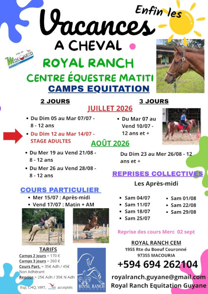 Camp d'équitation été 2026 au Royal Ranch Nature Évasion à Macouria en Guyane pour enfants et adolescents.